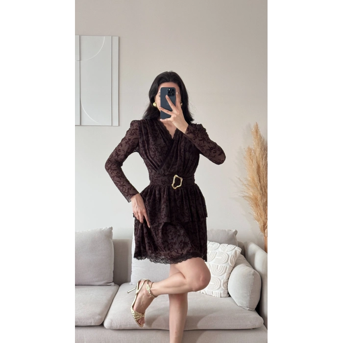 Kruvaze Kemerli Dantel Elbise - KAHVE