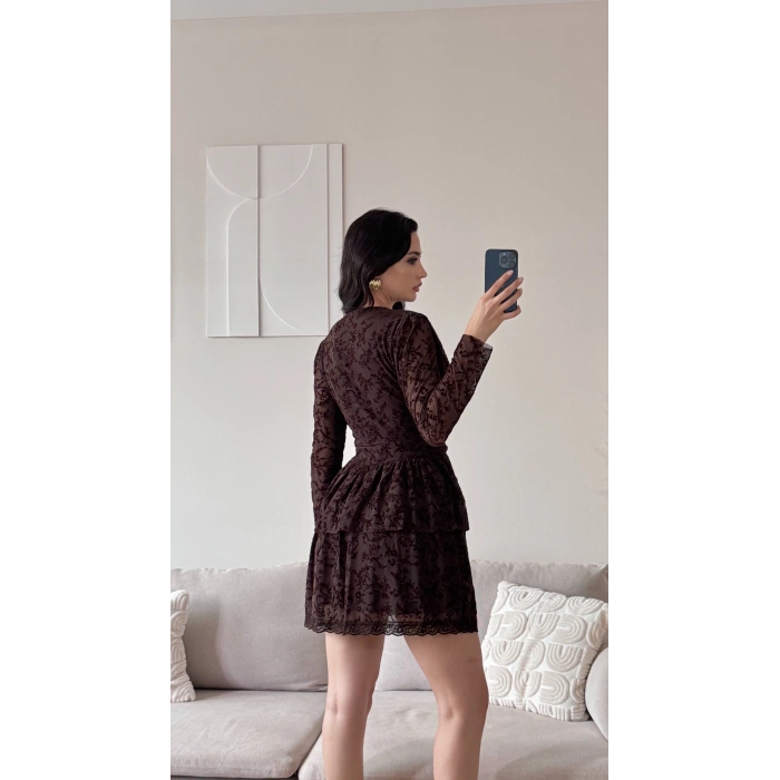 Kruvaze Kemerli Dantel Elbise - KAHVE