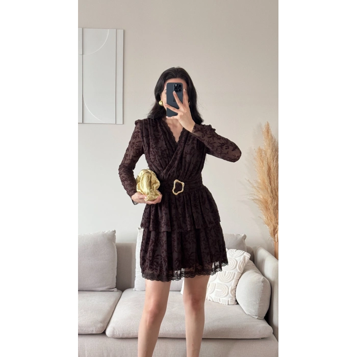 Kruvaze Kemerli Dantel Elbise - KAHVE