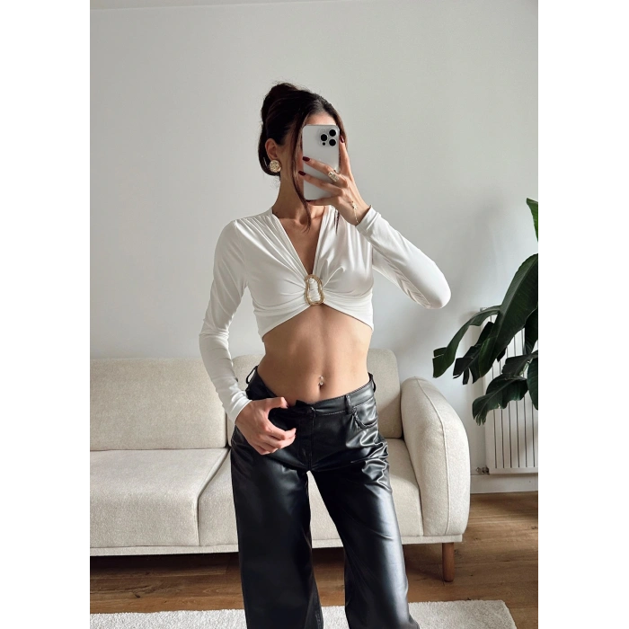 Kruvaze Ön Aksesuar Crop - BEYAZ