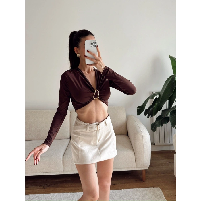 Kruvaze Ön Aksesuar Crop - KAHVE