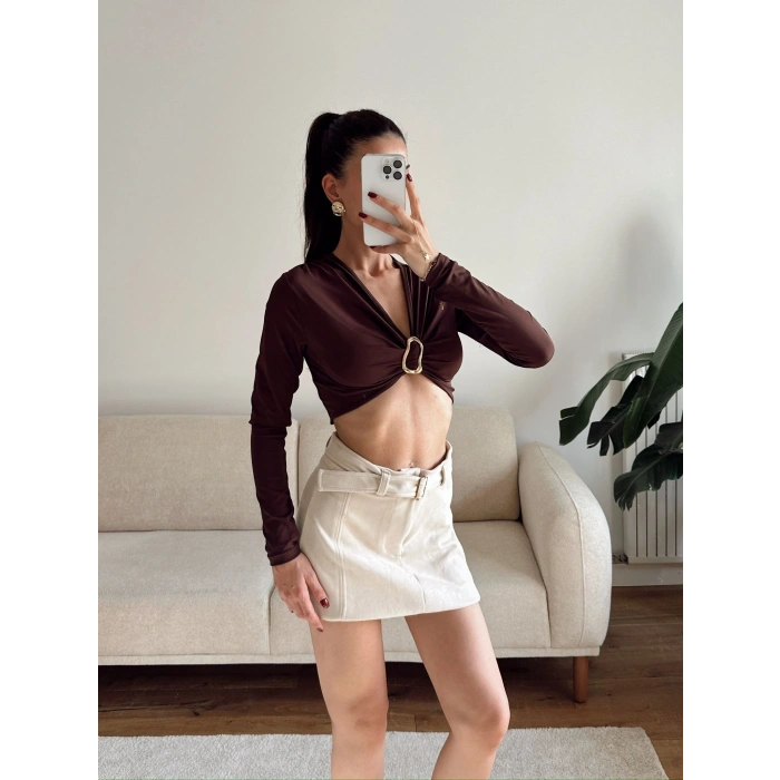 Kruvaze Ön Aksesuar Crop - KAHVE