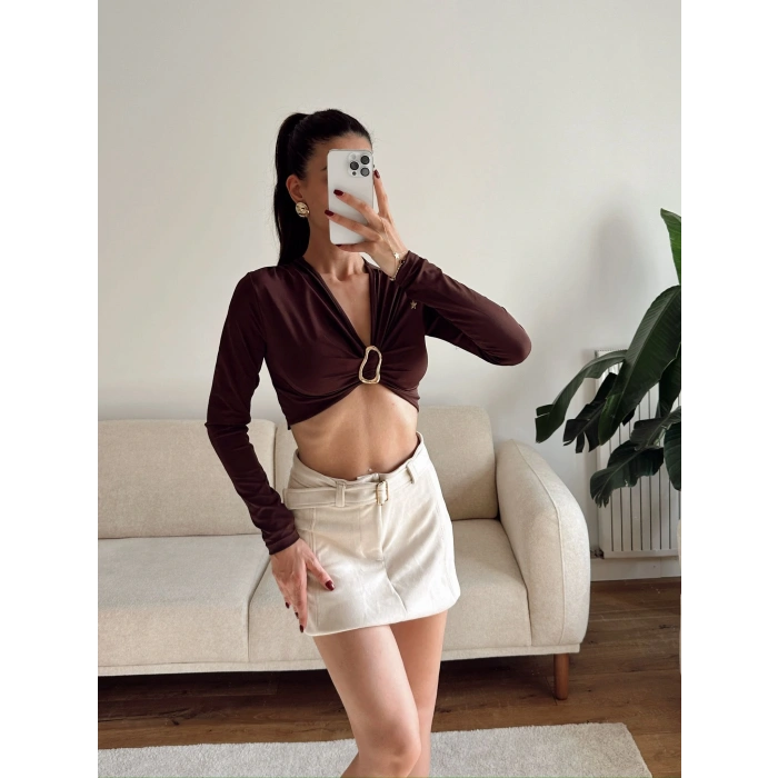 Kruvaze Ön Aksesuar Crop - KAHVE