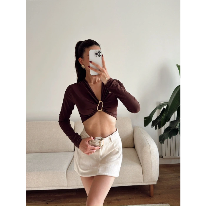 Kruvaze Ön Aksesuar Crop - KAHVE