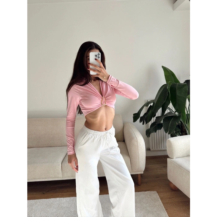 Kruvaze Ön Aksesuar Crop - PEMBE