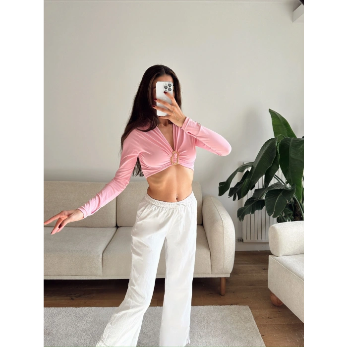 Kruvaze Ön Aksesuar Crop - PEMBE