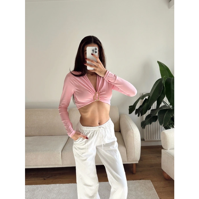 Kruvaze Ön Aksesuar Crop - PEMBE
