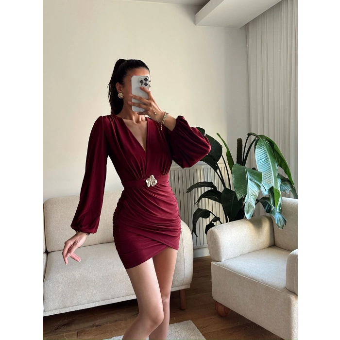 Kruvaze Önü Tokalı Elbise - BORDO