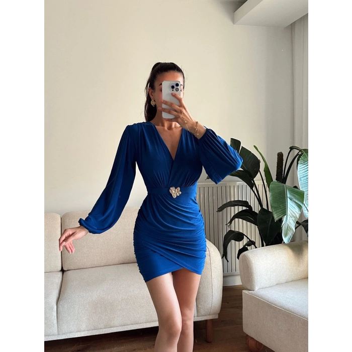 Kruvaze Önü Tokalı Elbise - SAKS MAVİSİ