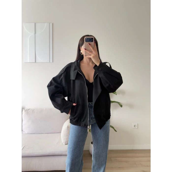 Kruvaze Oversize Bomber Ceket - SİYAH