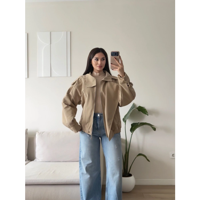 Kruvaze Oversize Bomber Ceket - BEJ