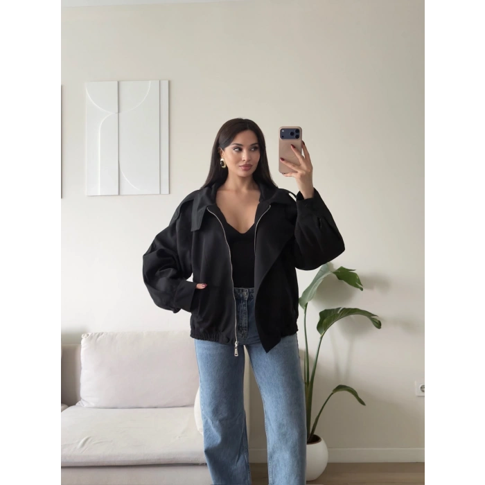Kruvaze Oversize Bomber Ceket - SİYAH