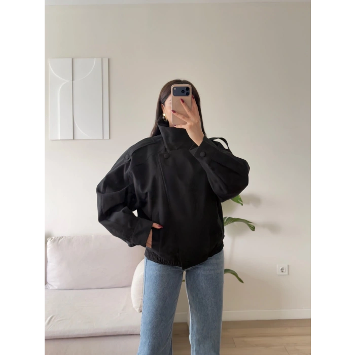 Kruvaze Oversize Bomber Ceket - SİYAH