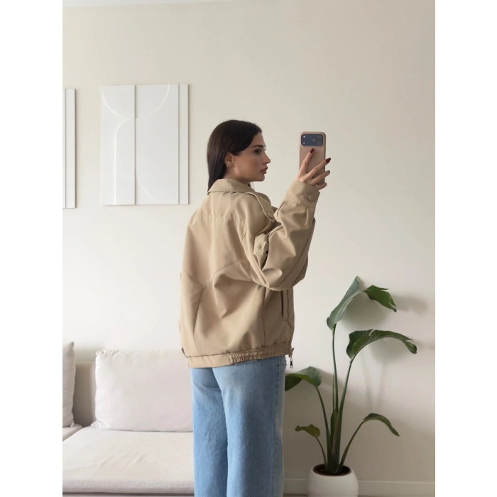 Kruvaze Oversize Bomber Ceket - BEJ