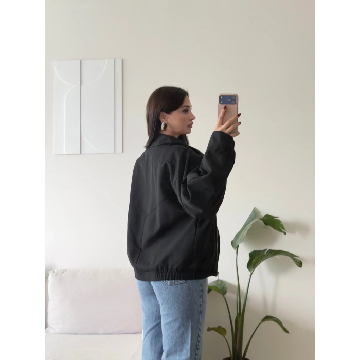 Kruvaze Oversize Bomber Ceket - SİYAH