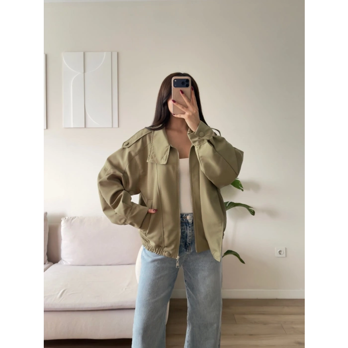 Kruvaze Oversize Bomber Ceket - HAKİ