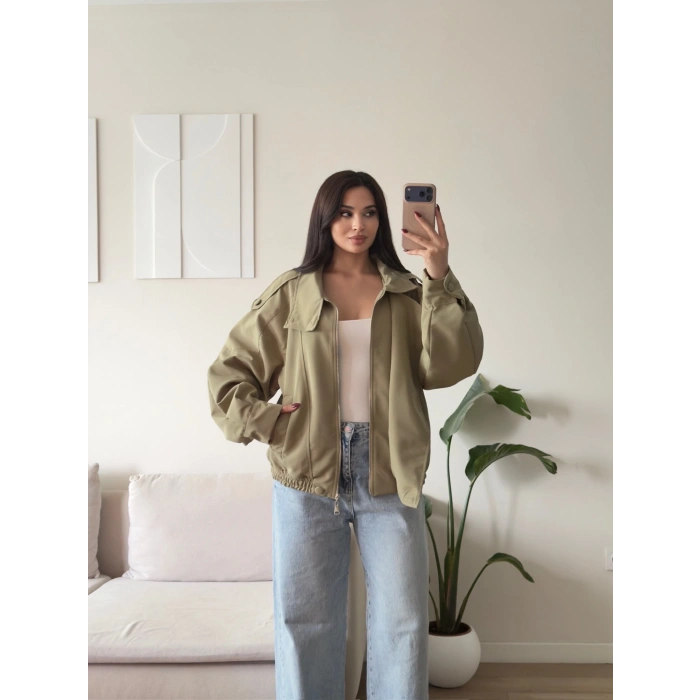 Kruvaze Oversize Bomber Ceket - HAKİ
