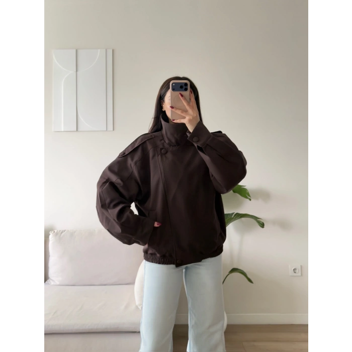 Kruvaze Oversize Bomber Ceket - KAHVE