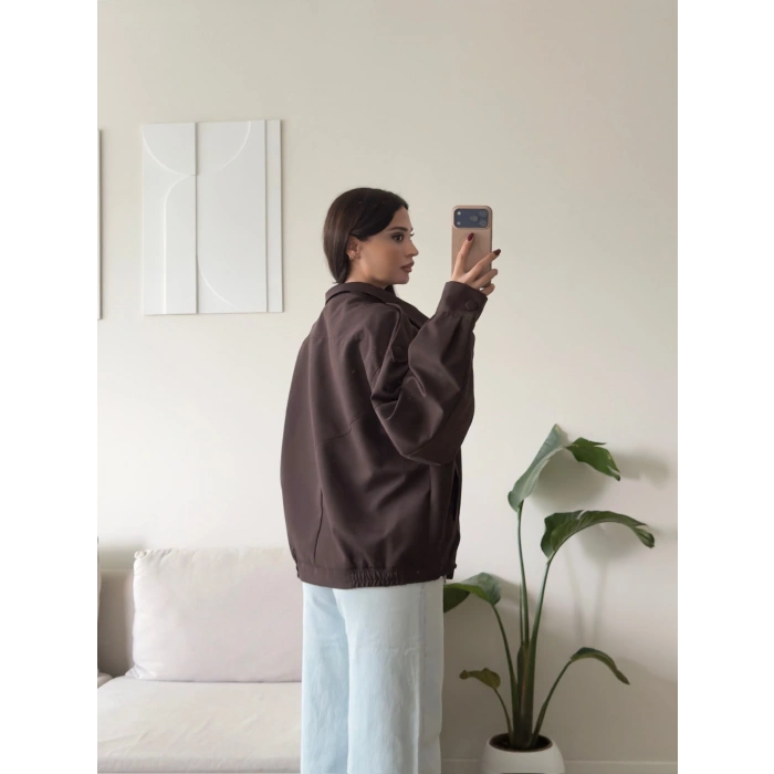 Kruvaze Oversize Bomber Ceket - KAHVE
