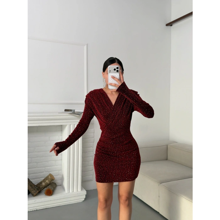 Kruvaze Taşlı Elbise - BORDO
