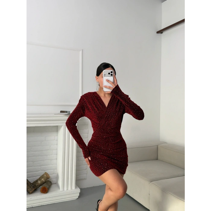 Kruvaze Taşlı Elbise - BORDO