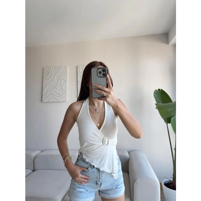 Kruvaze Tokalı Crop - BEYAZ
