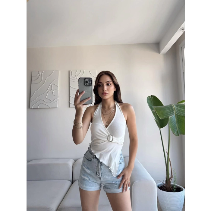 Kruvaze Tokalı Crop - BEYAZ