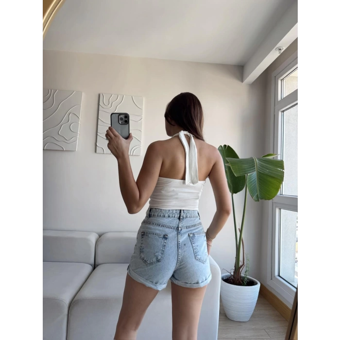 Kruvaze Tokalı Crop - BEYAZ