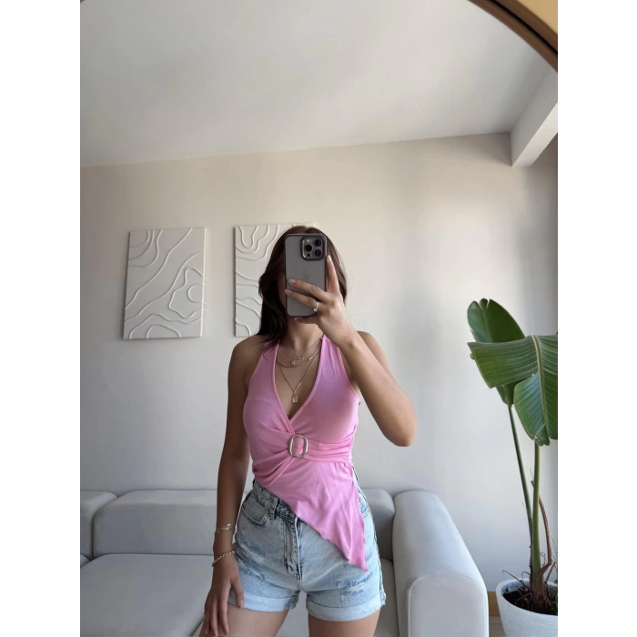 Kruvaze Tokalı Crop - PEMBE