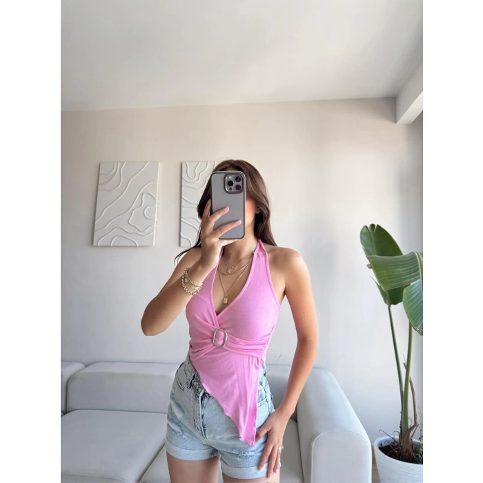 Kruvaze Tokalı Crop - PEMBE