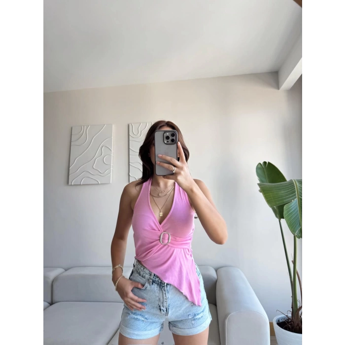 Kruvaze Tokalı Crop - PEMBE