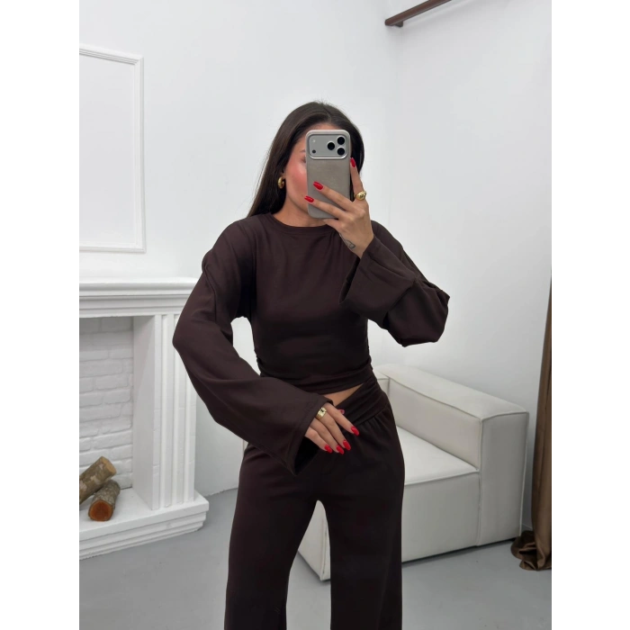 Kruvaze Volanlı İkili Takım - KAHVE