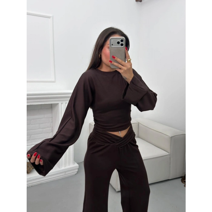 Kruvaze Volanlı İkili Takım - KAHVE