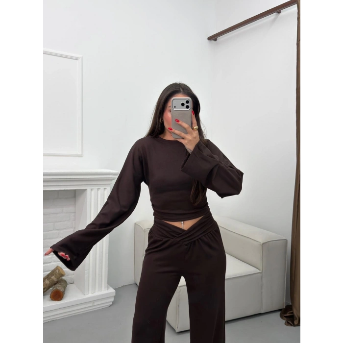 Kruvaze Volanlı İkili Takım - KAHVE