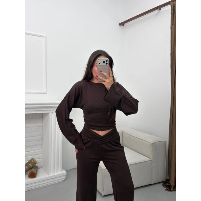 Kruvaze Volanlı İkili Takım - KAHVE