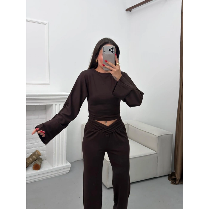 Kruvaze Volanlı İkili Takım - KAHVE