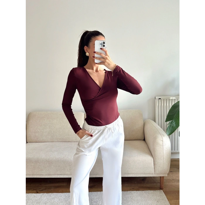 Kruvaze Yaka Bodysuit - BORDO