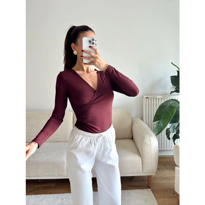 Kruvaze Yaka Bodysuit - BORDO