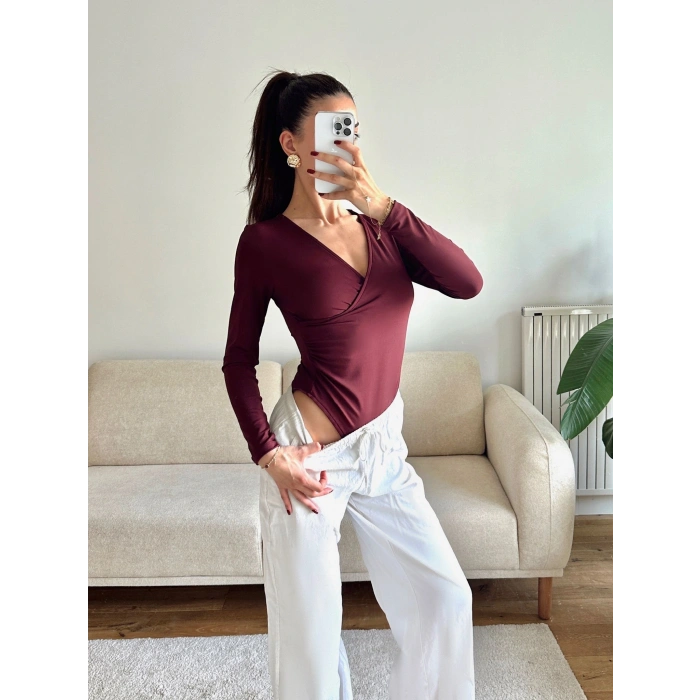 Kruvaze Yaka Bodysuit - BORDO