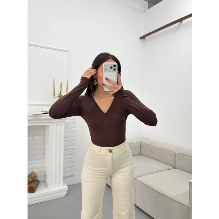 Kruvaze Yaka Bodysuit - KAHVE