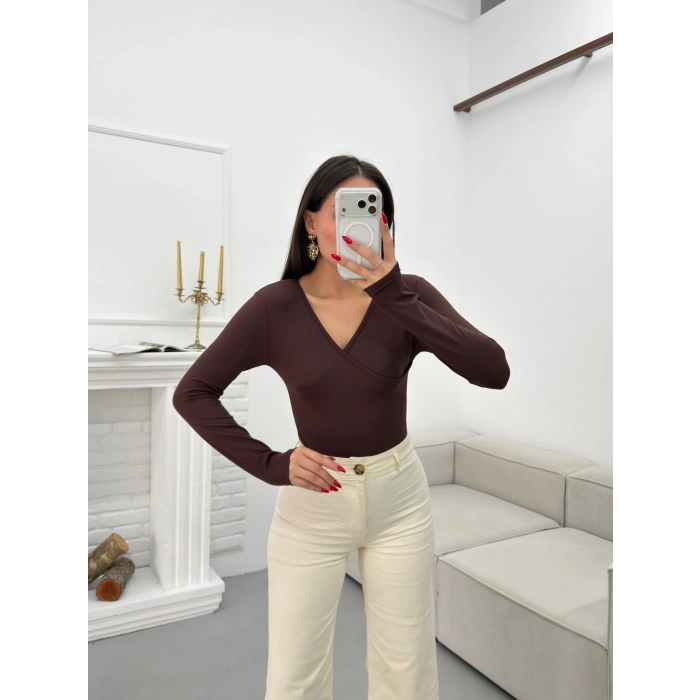 Kruvaze Yaka Bodysuit - KAHVE