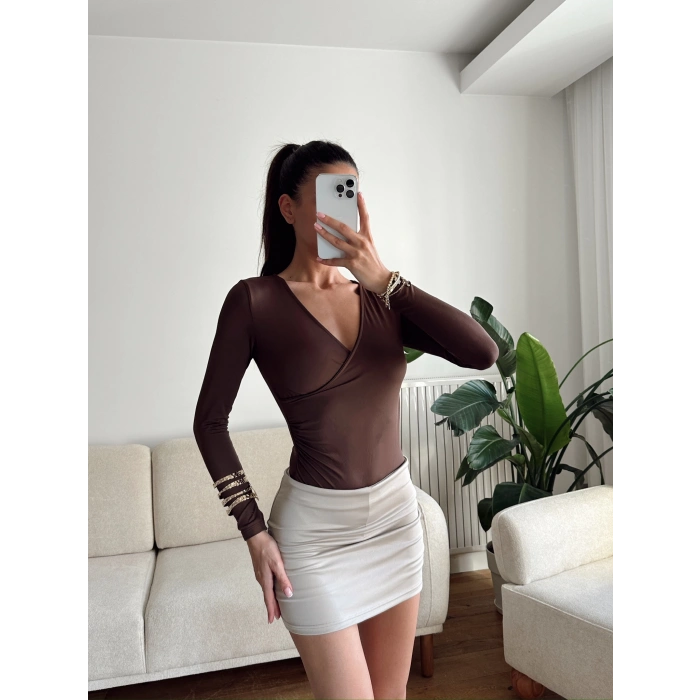Kruvaze Yaka Bodysuit - KAHVE