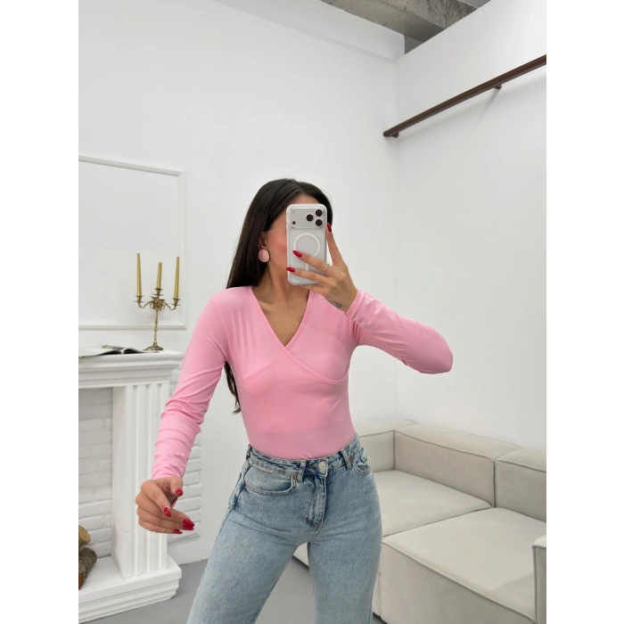 Kruvaze Yaka Bodysuit - PEMBE