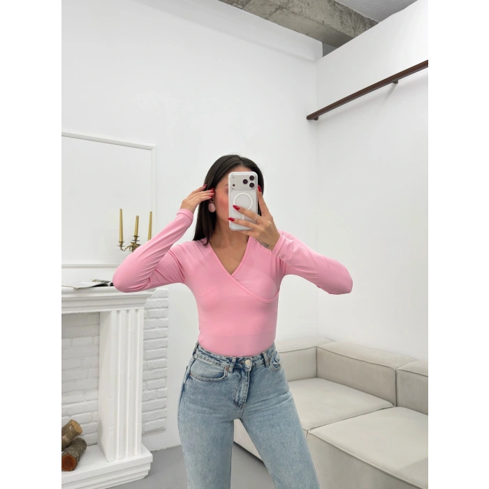 Kruvaze Yaka Bodysuit - PEMBE