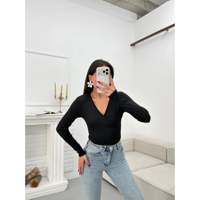 Kruvaze Yaka Bodysuit - SİYAH