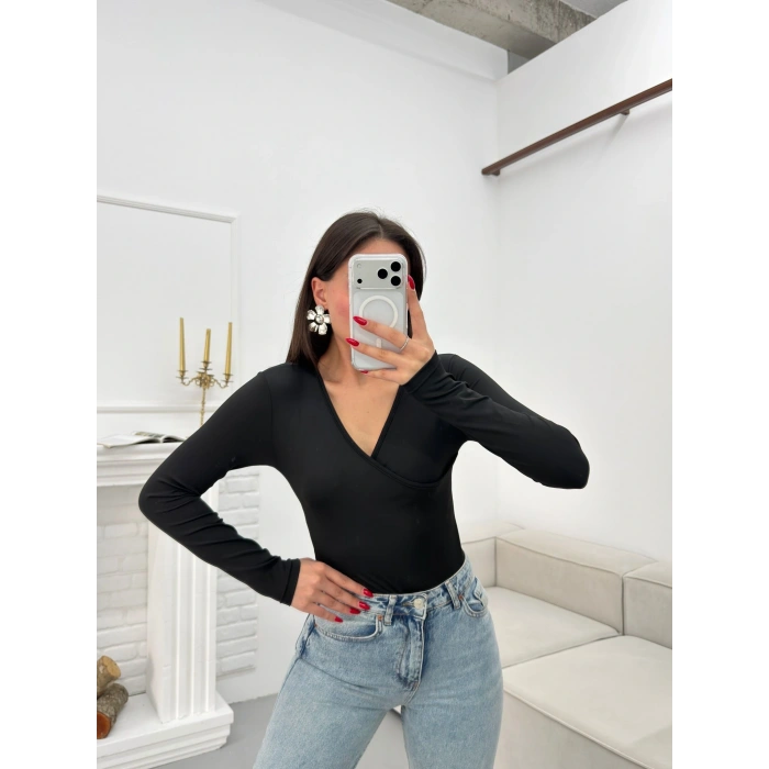 Kruvaze Yaka Bodysuit - SİYAH