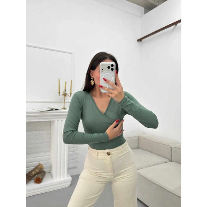 Kruvaze Yaka Bodysuit - YEŞİL