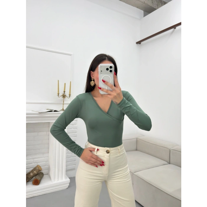 Kruvaze Yaka Bodysuit - YEŞİL