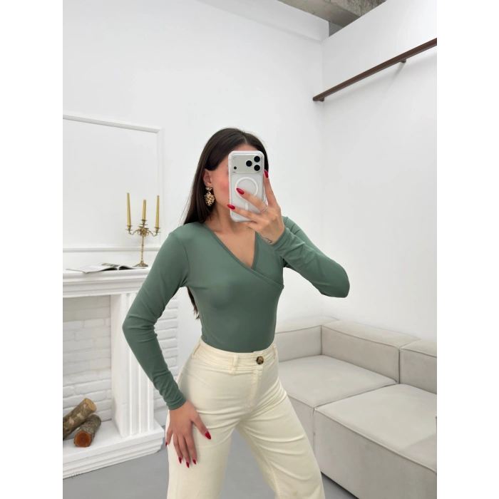 Kruvaze Yaka Bodysuit - YEŞİL