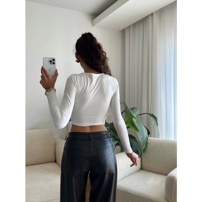Kruvaze Yaka Crop - BEYAZ